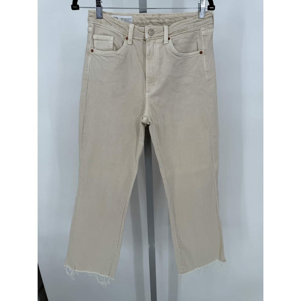 Zara Woman Cropped Jeans Frayed Hem High Waist Beige Denim Size‎ 6